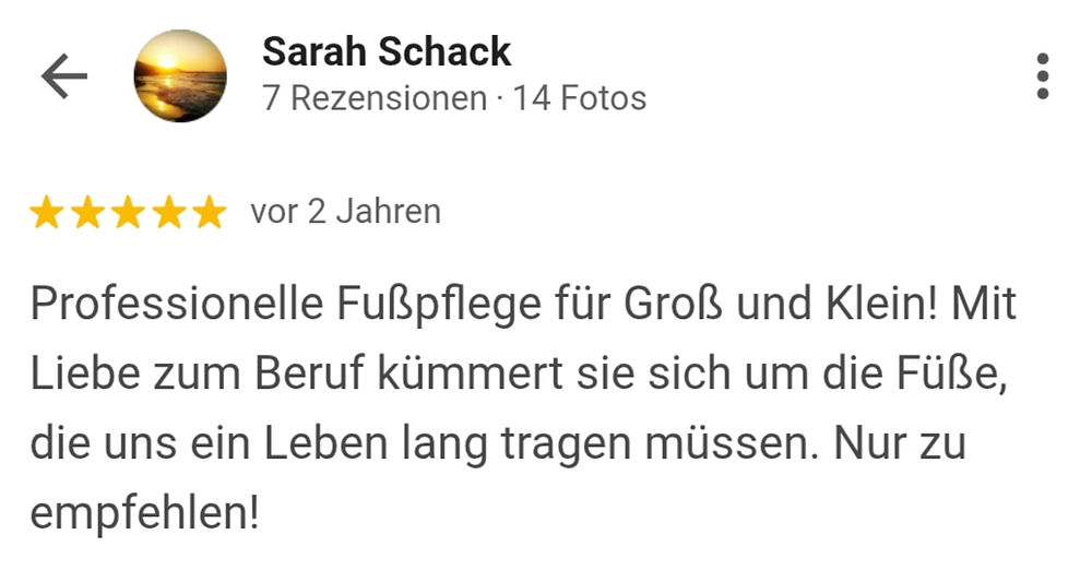 Rezension über unsere Arbeit über unsere Fusspflege im Drei Gleichengebiet