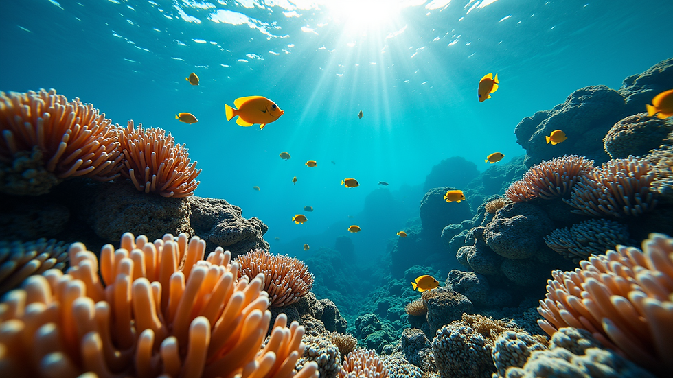 Eye-level view of coral reef with colorful fish in clear water