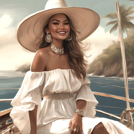 a luxury solo traveler, cruising on a yacht, wearing a long flowy and expansive white and