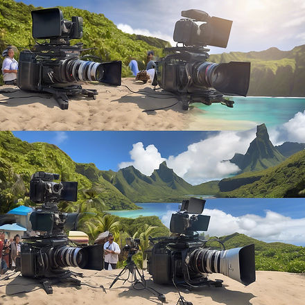 photo realistic image of a movie set, with 2 different types of cameras in action, at diff