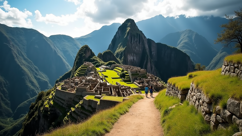 High angle view of the Inca Trail leading to Machu Picchu
