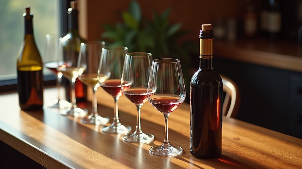 High angle view of a wine tasting setup with glasses and bottles on a wooden table
