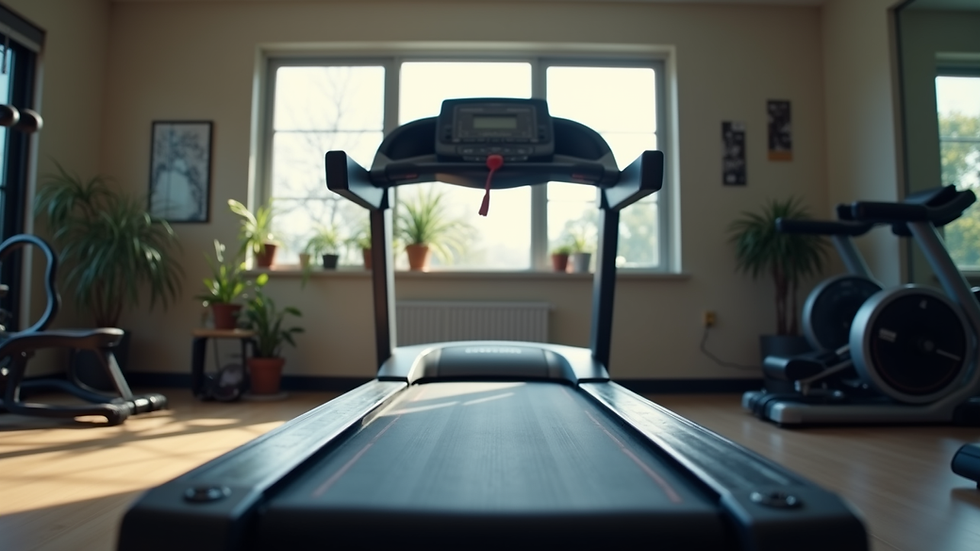 Eye-level view of a used treadmill in a home gym setting