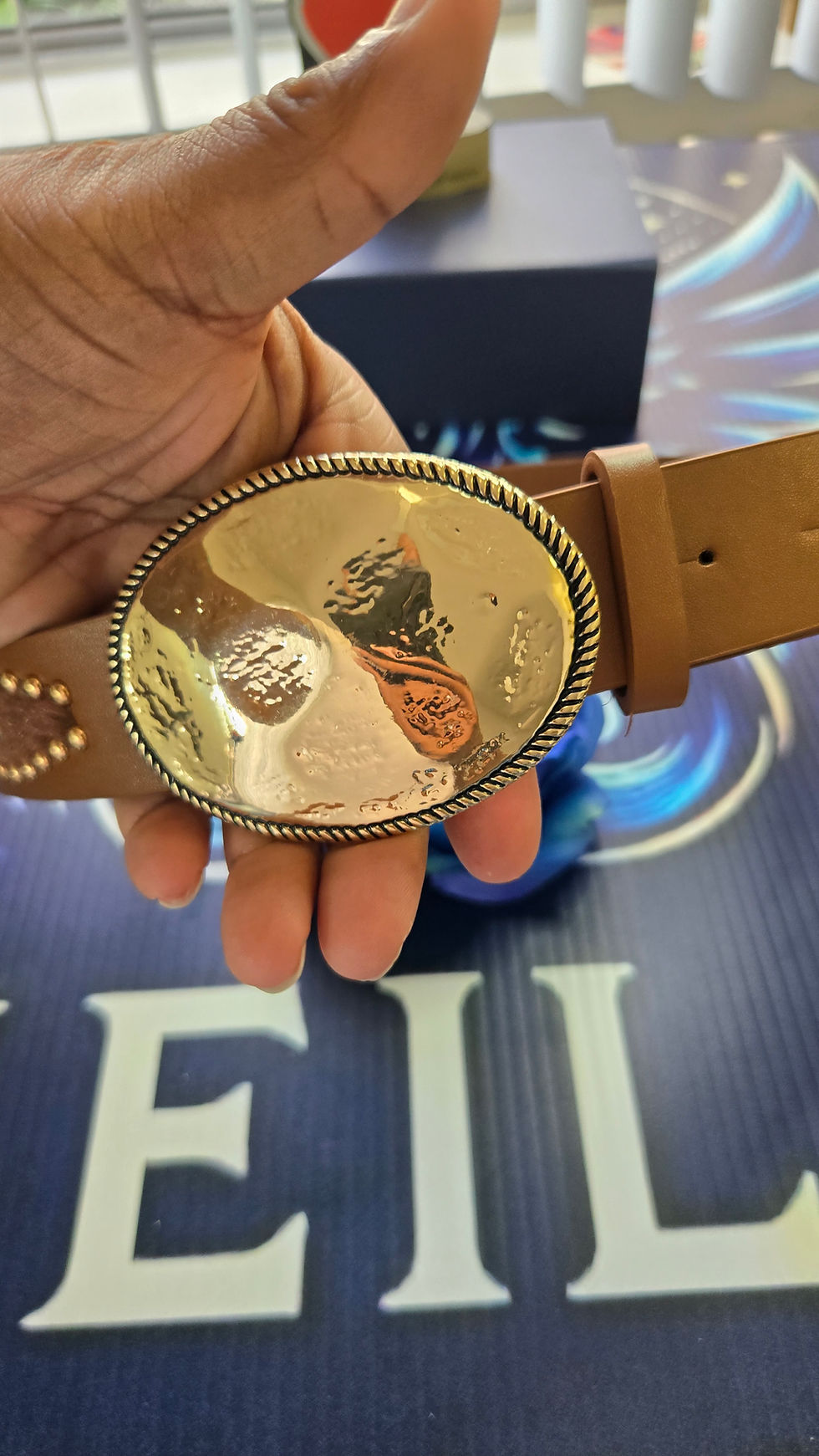 Thumbnail: Western Hammered Oval Buckle Vegan Leather Belt with Studs & Turquoise Accents –