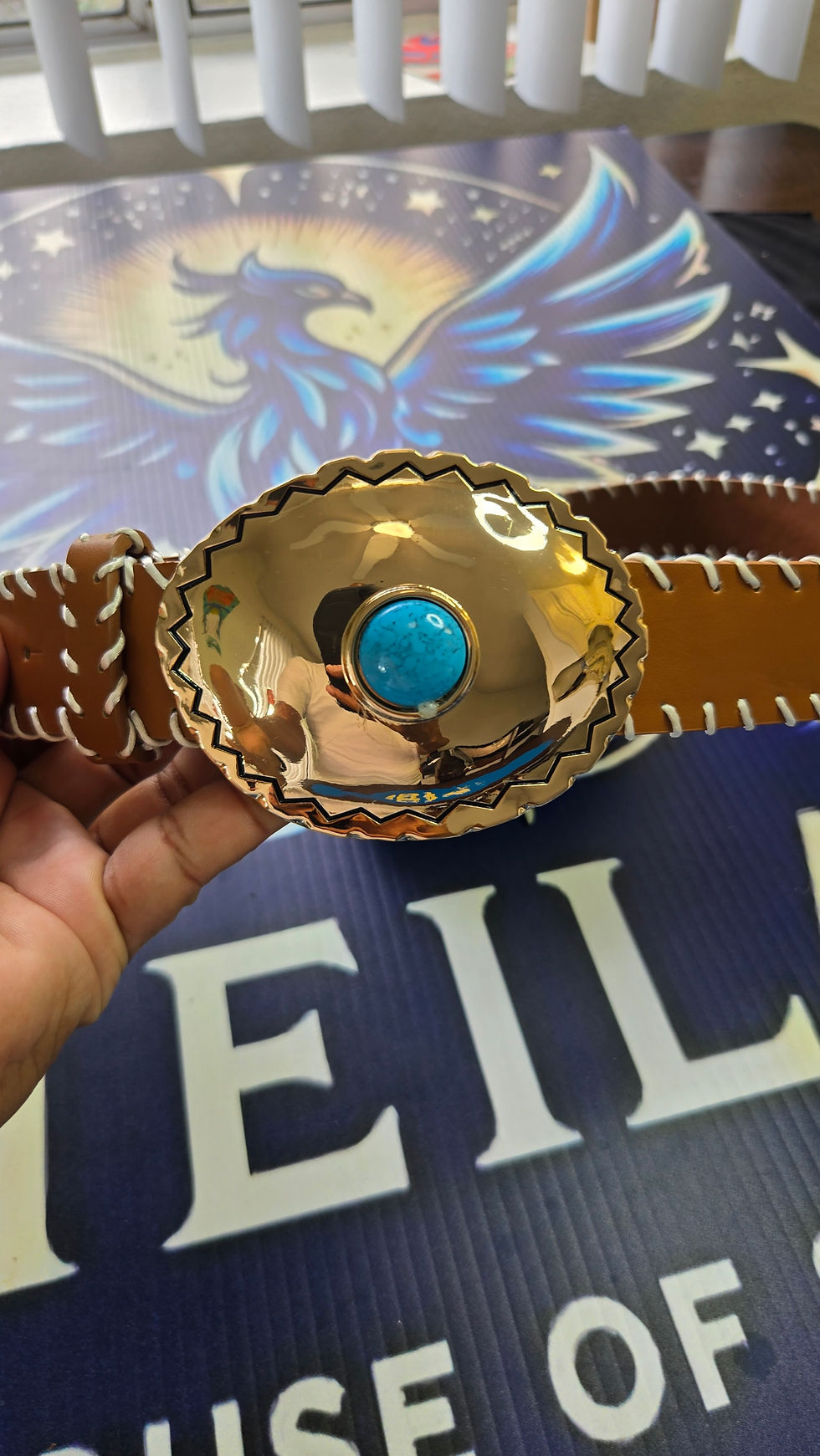 Thumbnail: Western Turquoise Oval Concho Buckle Belt – Vintage Gold Statement Cowgirl Waist