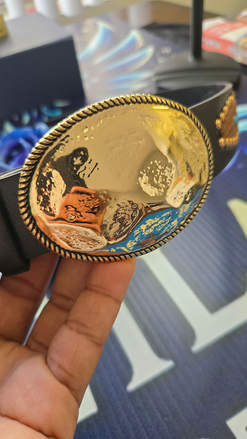 Thumbnail: Western Hammered Oval Buckle Vegan Leather Belt with Studs & Turquoise Accents –