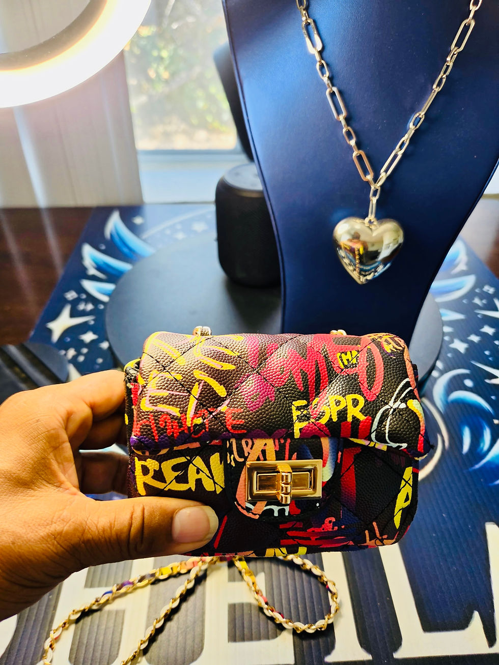 Thumbnail: Sheila’s Black Quilted Graffiti Mini Shoulder Bag with Gold Chain Y2K Crossbody 