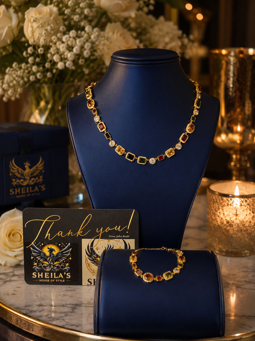 Sheila’s Golden Mosaic Multi Colored Gemstone Necklace & Bracelet Set