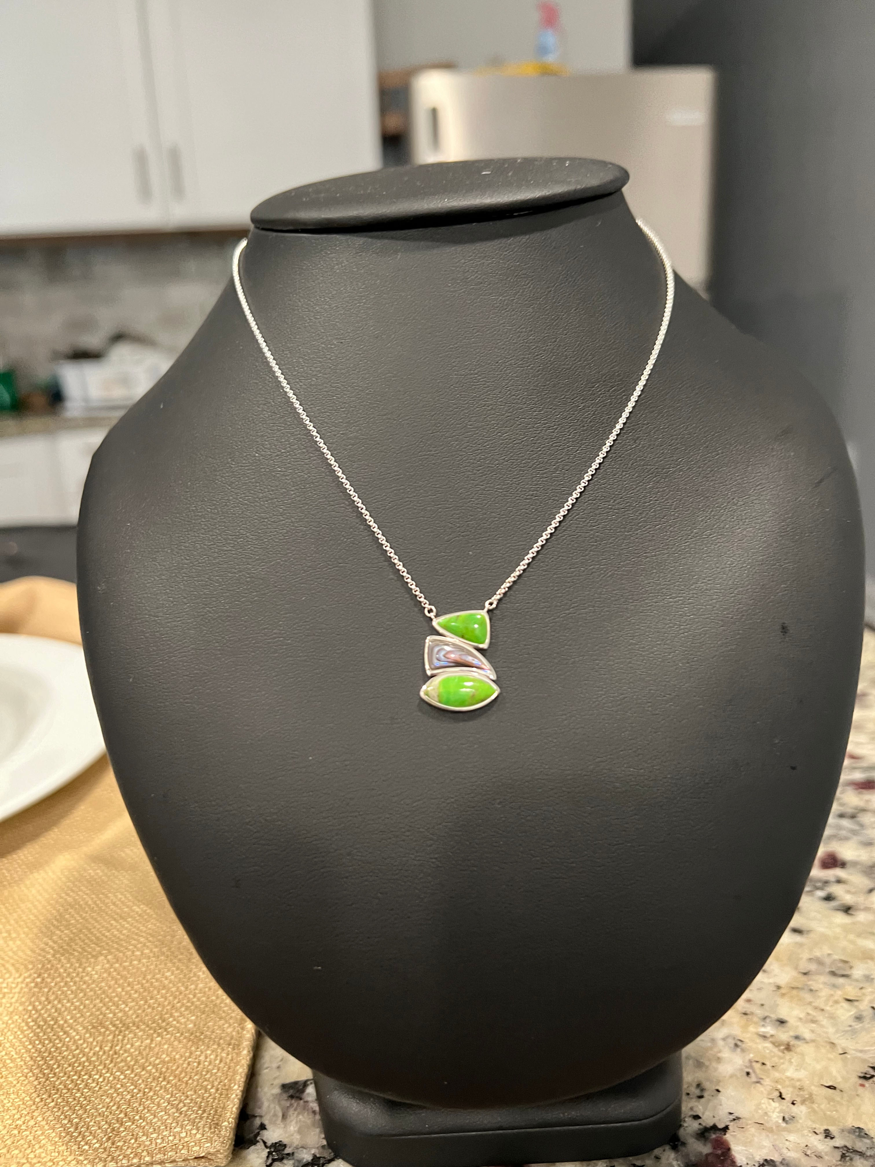 Silver Necklace W/Green Pendant