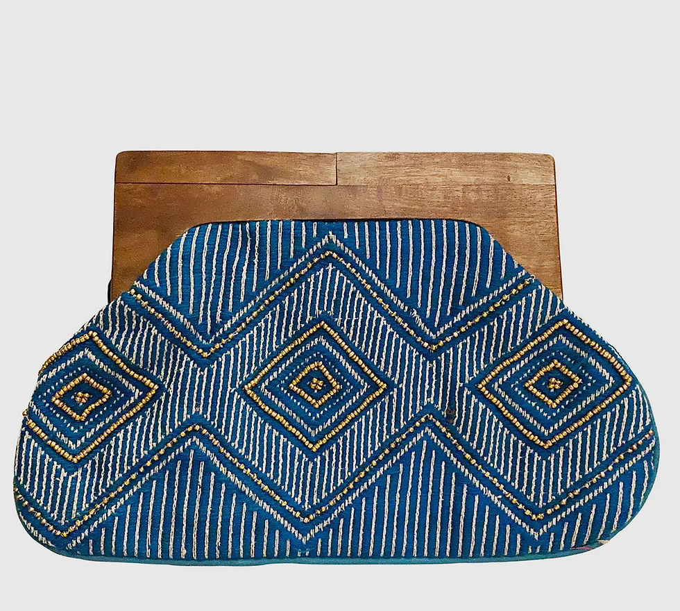 Thumbnail: Blue Beaded Clutch with Wood Handle – Handcrafted Geometric Evening Bag