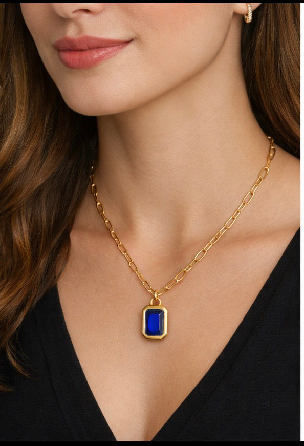 Vintage Zircon Pendant Necklace – Emerald Cut Crystal Necklace (Blue or Green)