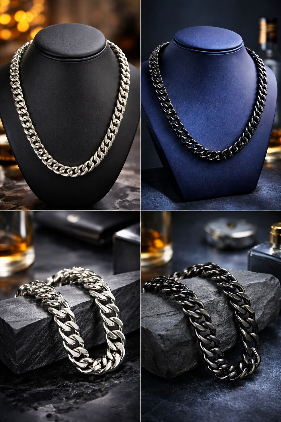 Thumbnail: Black & Silver Cuban Link Set | Titanium Steel Chain & Bracelet