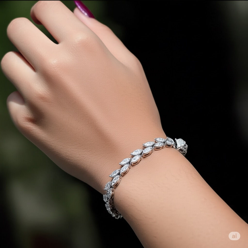 925 Sterling Silver Leaf Bracelet with CZ – Elegant Leaf Tennis Bracelet