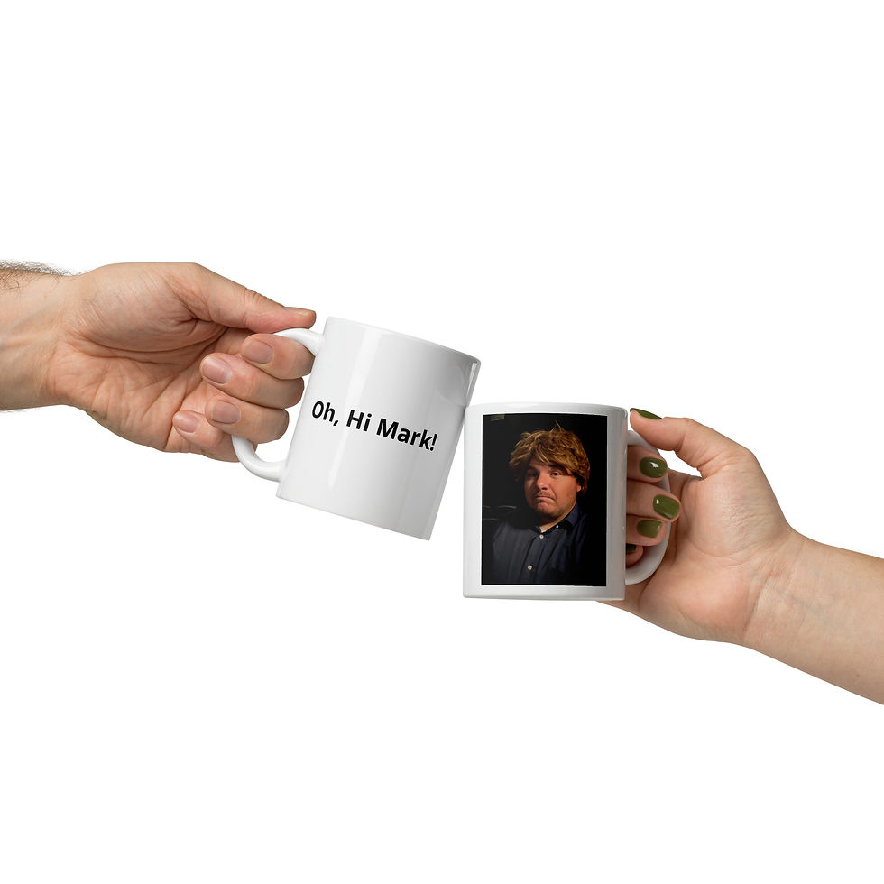 Thumbnail: People cheering with the Oh Hi, Mark! – The Room Shadowcast Mug showing the front and back of the mug