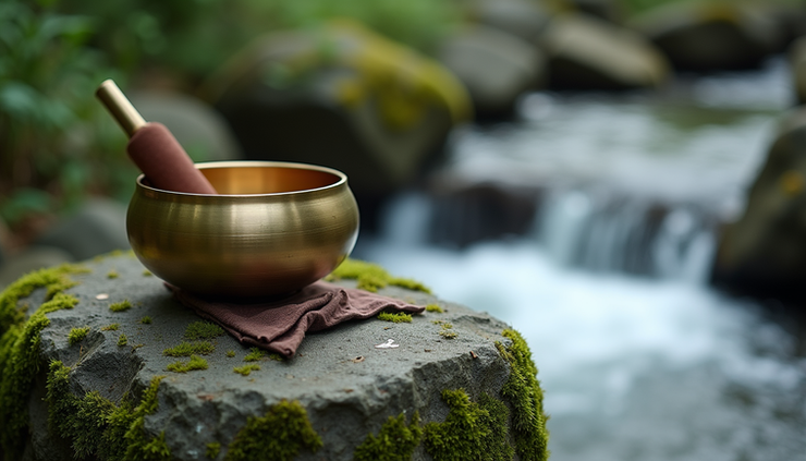 High angle view of a Tibetan bowl placed on a mossy rock near a flowing stream