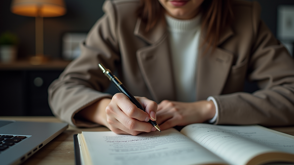 Eye-level view of a person practicing English speaking with a notebook
