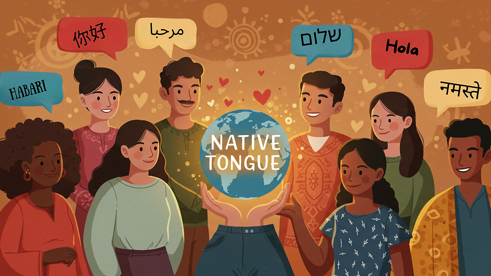 A warm-toned digital illustration shows a diverse group of people from various ethnic backgrounds standing in a semi-circle. Each person is smiling and has a speech bubble above them containing the word “Hello” in different languages and scripts, including Spanish (Hola), Arabic (سلام), Japanese (こんにちは), Swahili (Habari), French (Bonjour), and others. In the center, a glowing Earth floats above a pair of hands, with the words “Native Tongue” written across it. The background features subtle heart motifs and cultural patterns, symbolizing unity, language diversity, and global connection.