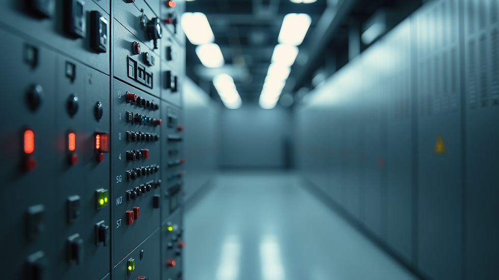 eye-level view of modern electrical control panel in industrial setting