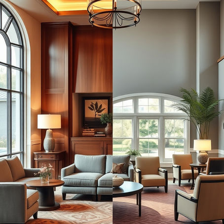 Warm boutique hotel lobby and elegant senior living lounge representing values-aligned hospitality investing.