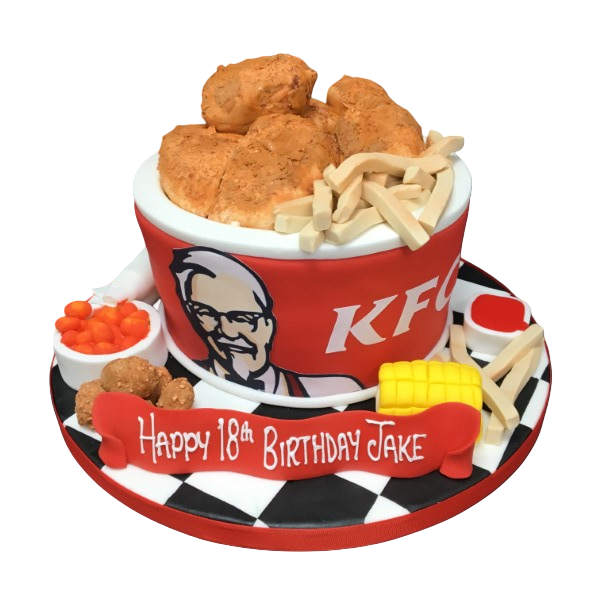 A delicious and visually striking KFC bucket cake with intricate details, perfect for chicken lovers or special occasions.