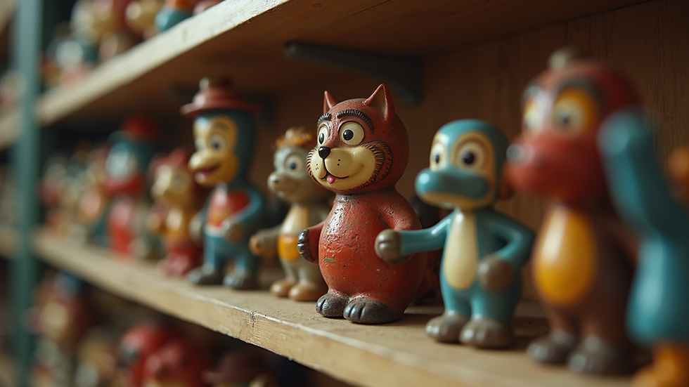 Eye-level view of a vintage toy collection displayed on a shelf