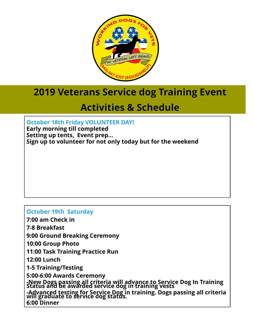 Spring 2019 veterans service dog training event activities and schedule