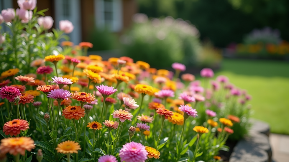 High angle view of a well-maintained garden bed with colorful flowers