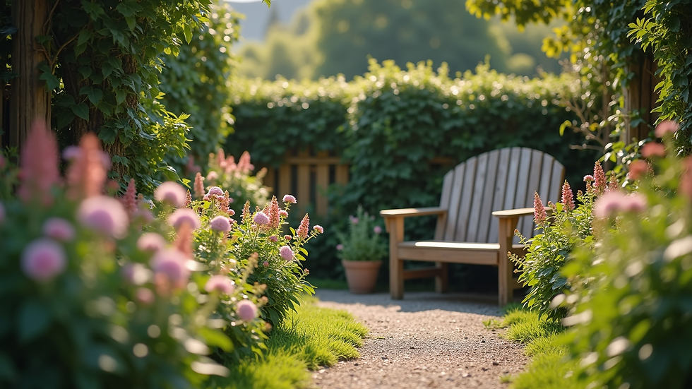 Eye-level view of a cozy garden nook with flowering plants and a wooden bench