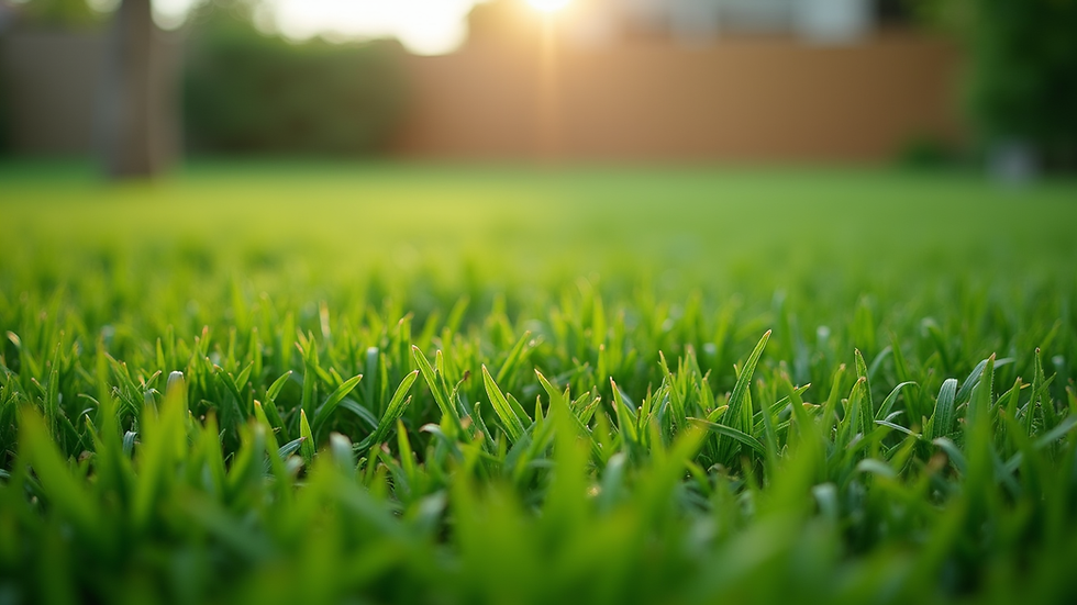 Eye-level view of a lush green lawn with freshly mowed grass