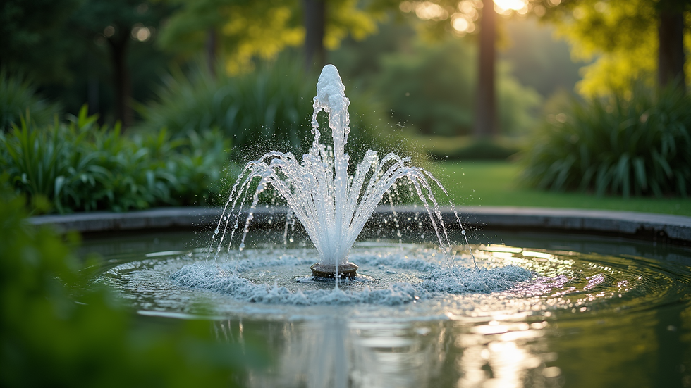 Close-up view of a water fountain surrounded by lush greenery