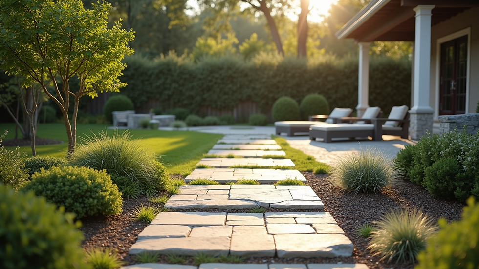 Eye-level view of a beautifully designed backyard patio with stone walkways