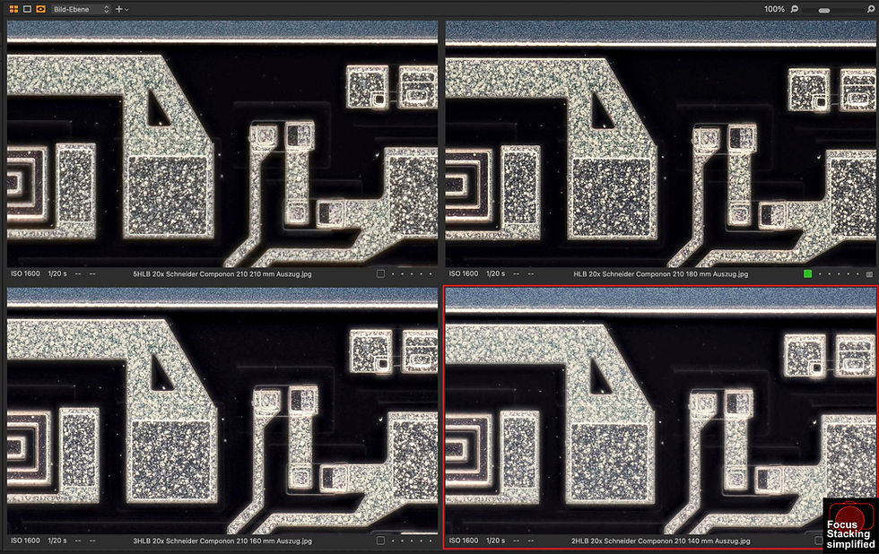 Das Bild zeigt vier Bildausschnitte von Fotos einer Wafer-Scheibe als Testkörper zur Prüfung eines Mikroskopobjektivs