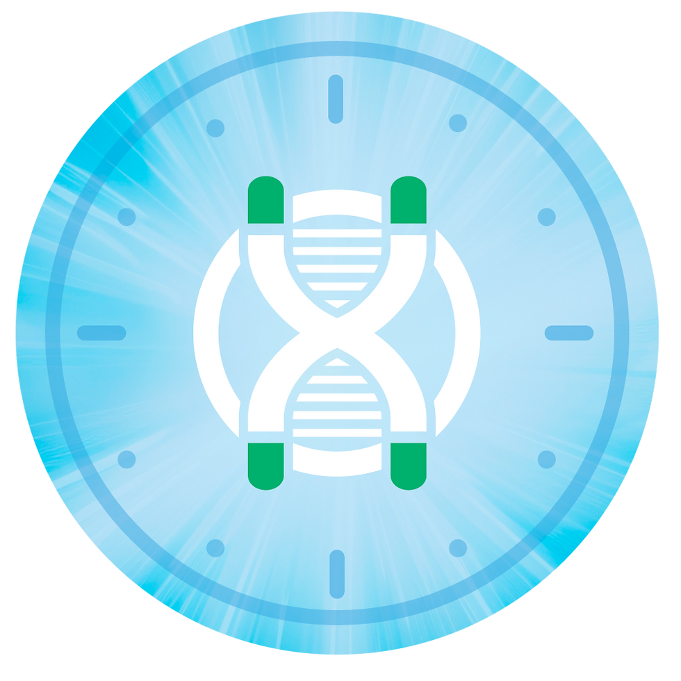 DNA strand in a circular, clock-like design on a blue background with light rays. Green accents, conveying a scientific and futuristic theme.