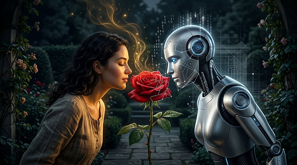 Une femme et un robot penchés sur une rose : du côté humain, des effluves dorées évoquent le ressenti ; du côté robot, des lignes géométriques et du code binaire décomposent la fleur — illustration du qualia selon Faggin