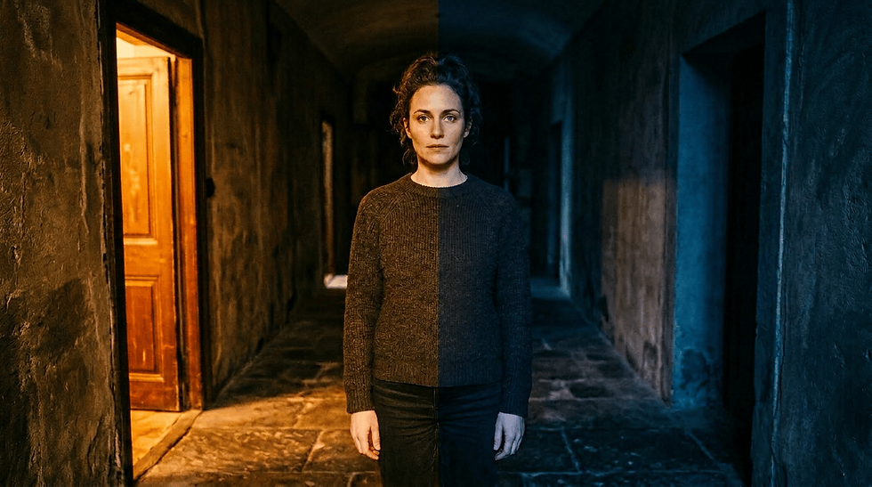 Femme debout entre lumière chaude et lumière froide — métaphore du tiers inclus, ni l'un ni l'autre, niveau de réalité supérieur