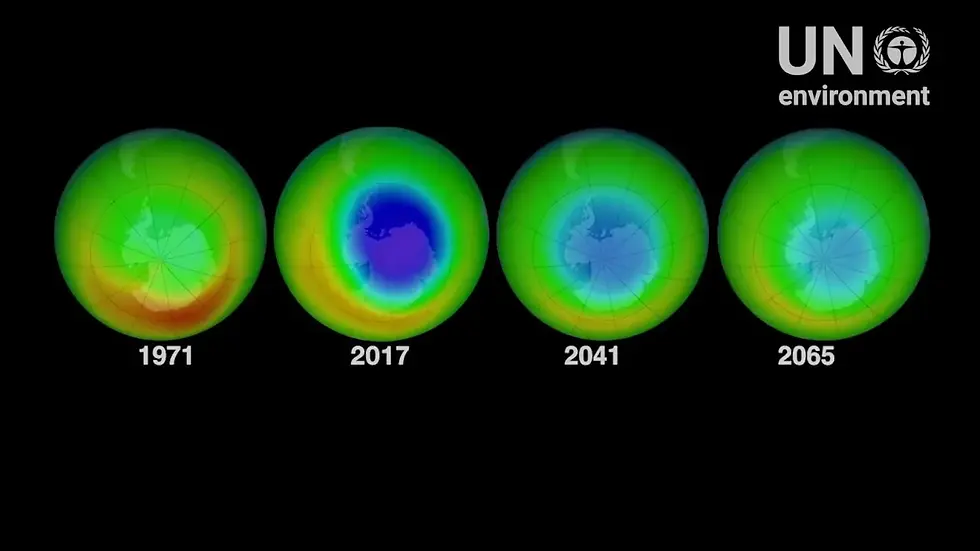 Image shows the recovery of the ozone layer from its worst state in 2017, following the current policies.