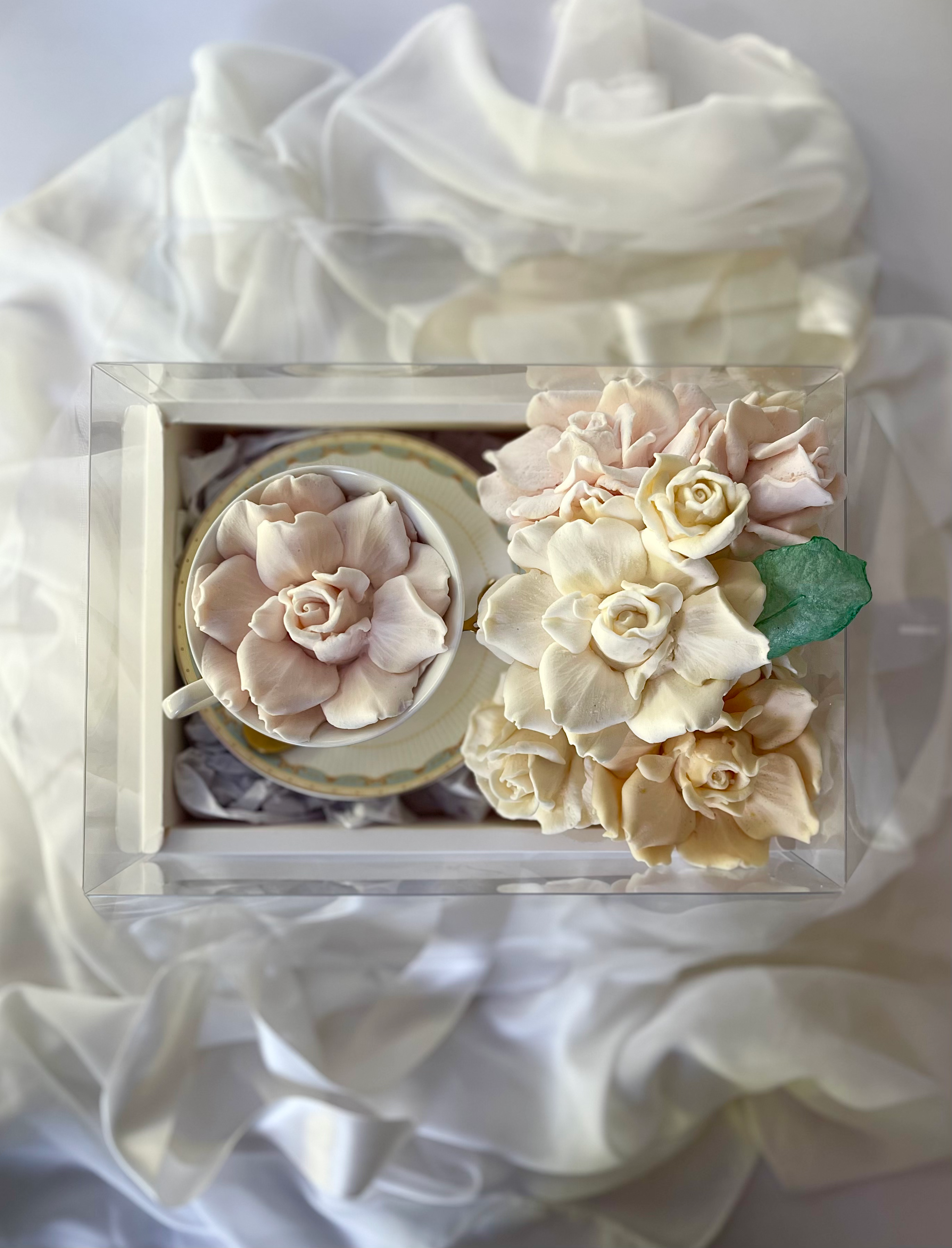 Luxury Mother’s Day edible rose gift box with handcrafted marshmallow roses, porcelain teacup with gold rim, and gold spoon.