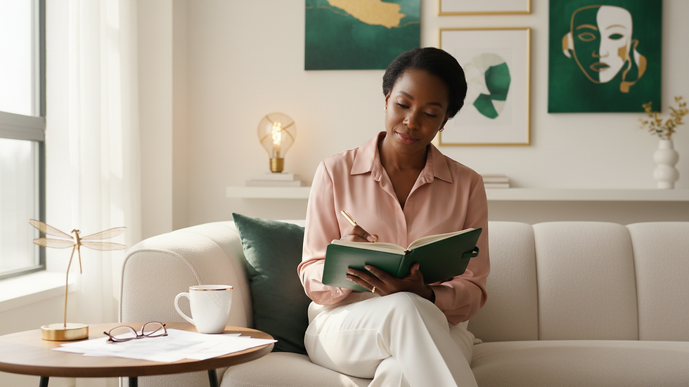 Eye-level view of a woman journaling in a cozy, sunlit room