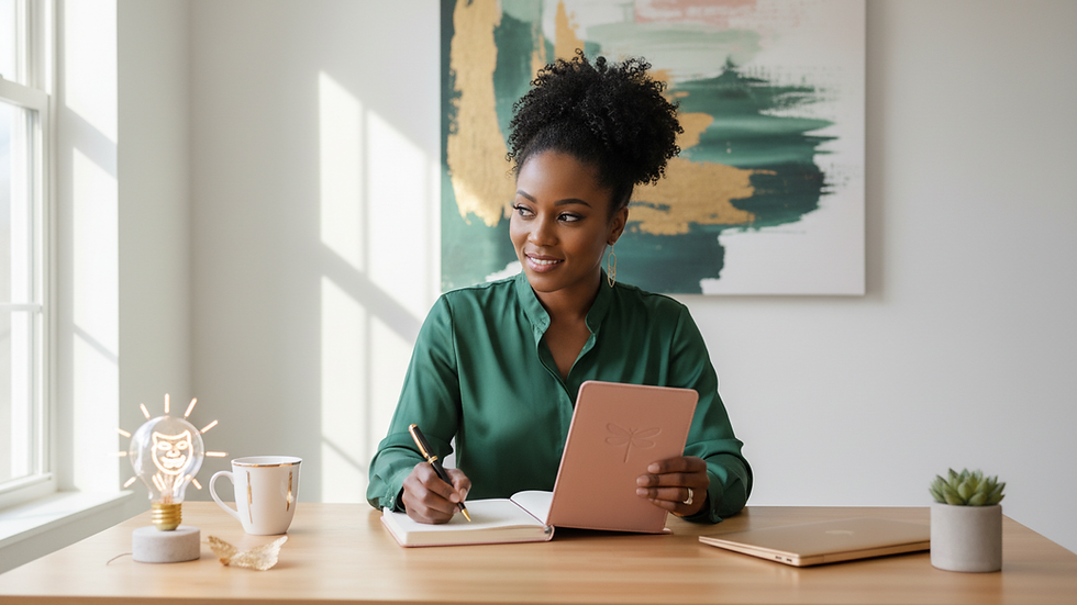 Eye-level view of a woman writing in a journal at a wooden desk