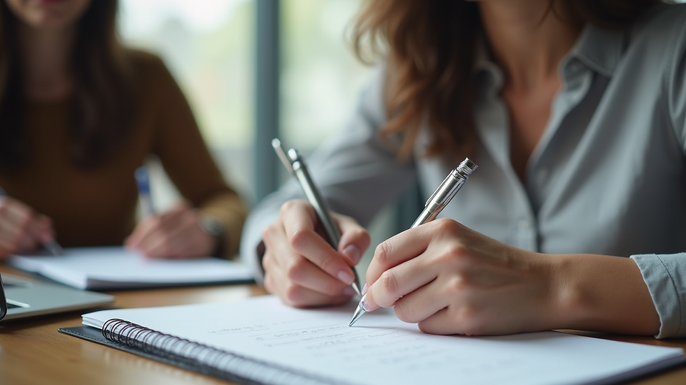 Eye-level view of a woman writing notes during a coaching session