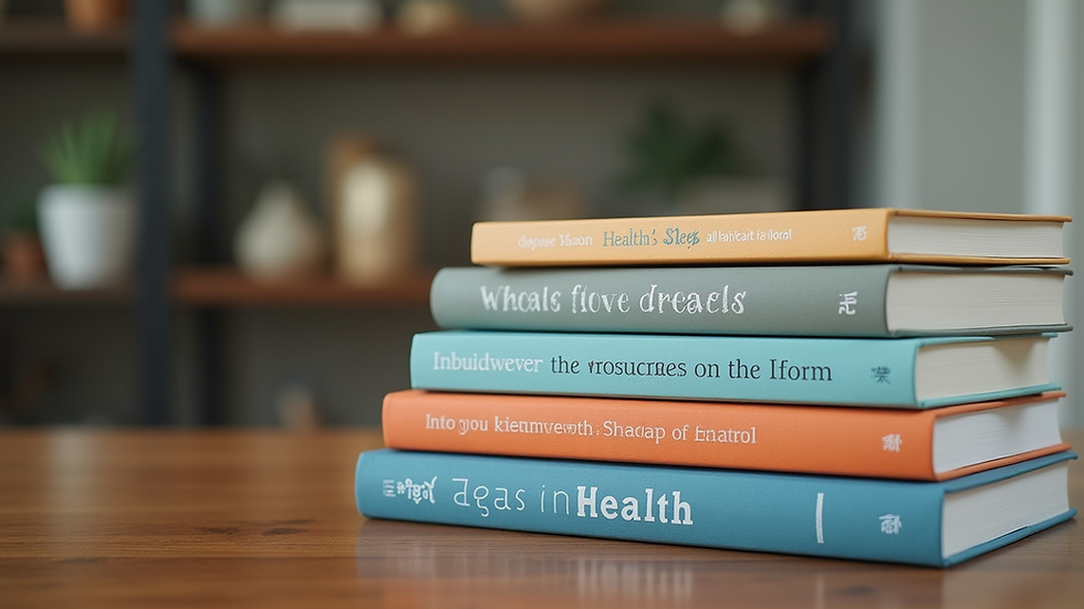 Eye-level view of a stack of books about health and sleep on a wooden table