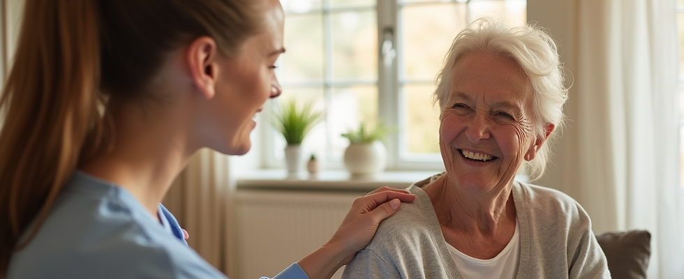 A senior-woman-smiling-and-comforted-by-a-friendly-caregiver-in-a-sunny-living-room-with-w