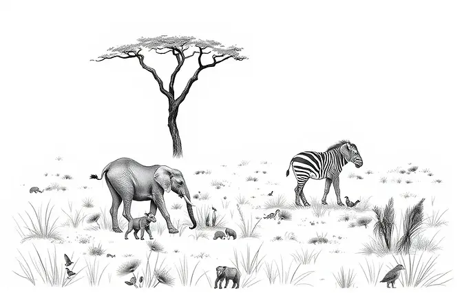 an ancient african arts of wildlife savvanna showing Tanzania safari animal, elephant and zebra