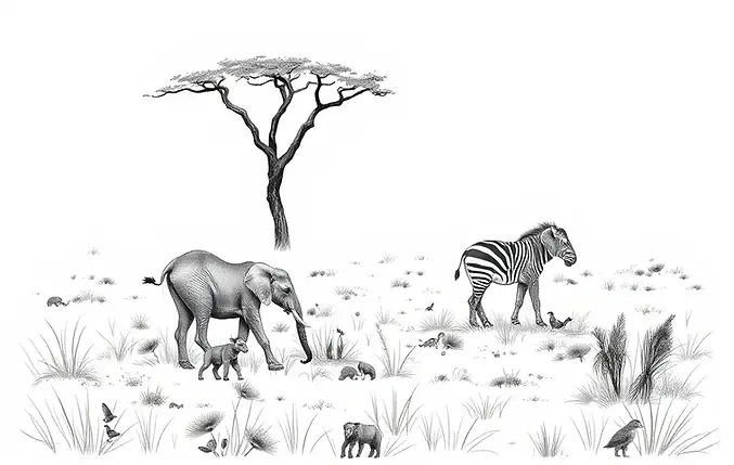 an ancient african arts of wildlife savvanna showing Tanzania safari animal, elephant and zebra