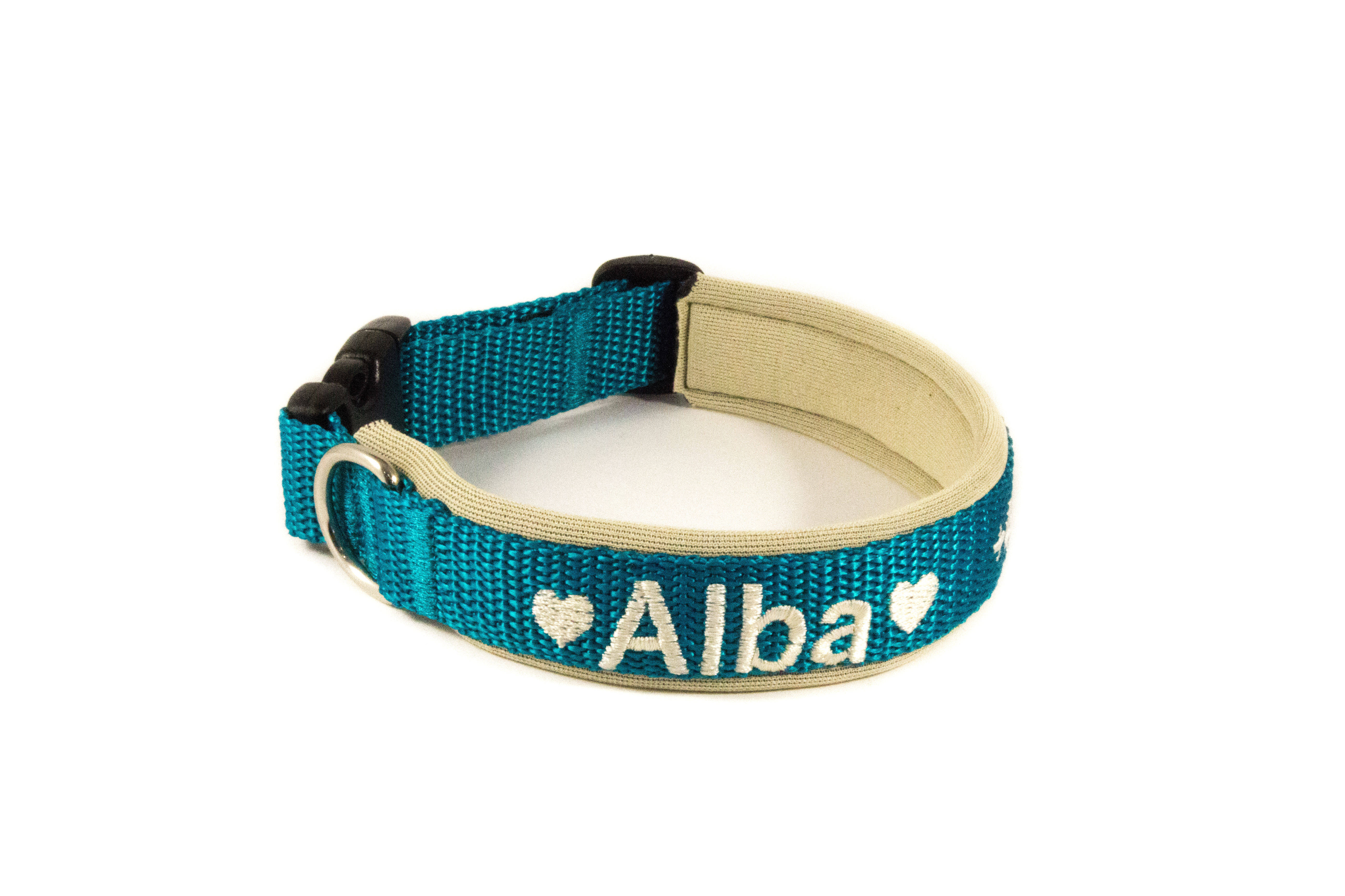 Besticktes Hundehalsband, Petrol-Beige