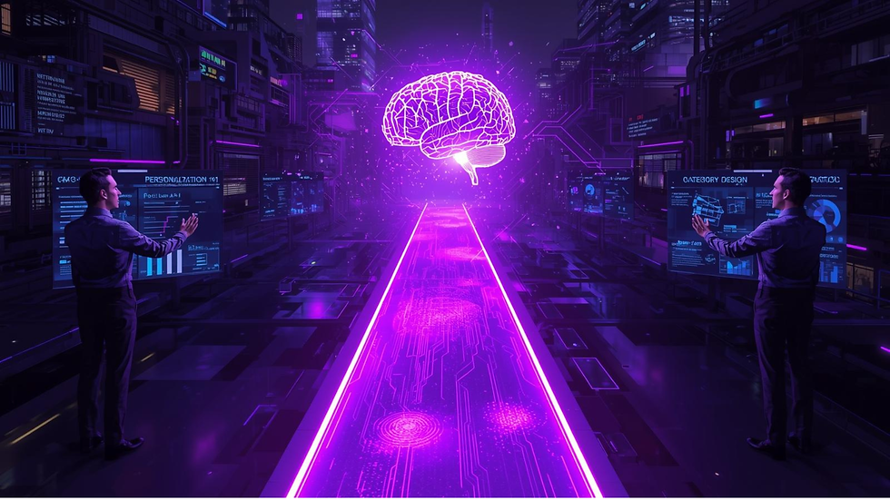 Visão conceitual do Marketing AI-First 2025-2026 e Category Design no Brasil, mostrando a convergência de IA Generativa, Big Data e Estratégia Humana (Eder Rabelo / purple river).