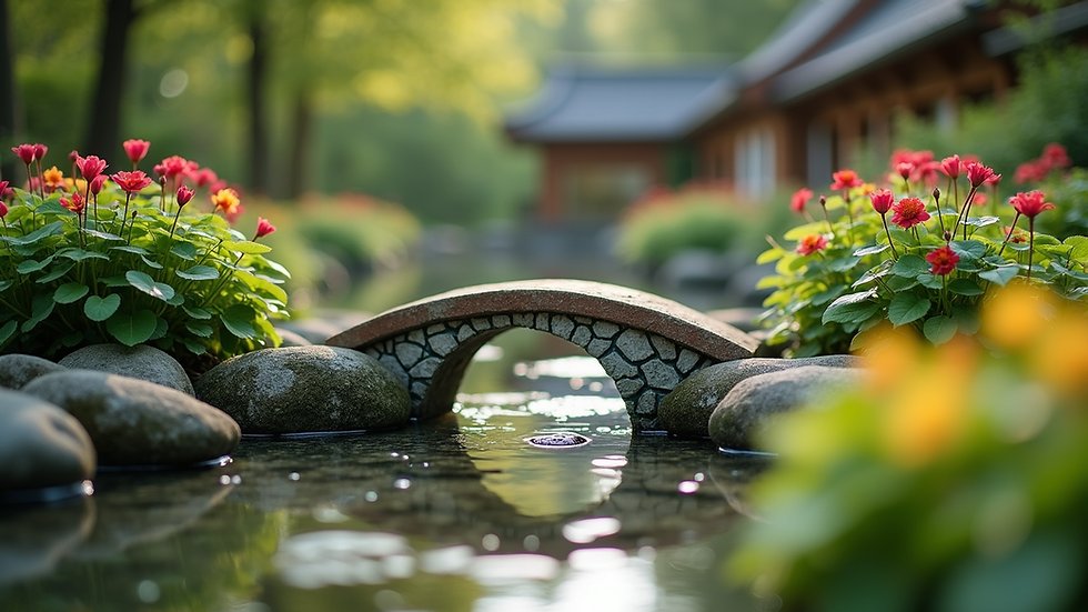 Eye-level view of a peaceful garden with a small rainbow bridge statue
