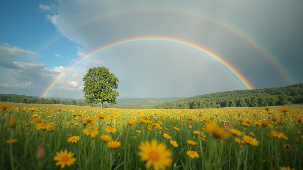Wide angle view of a rainbow arching over a peaceful meadow