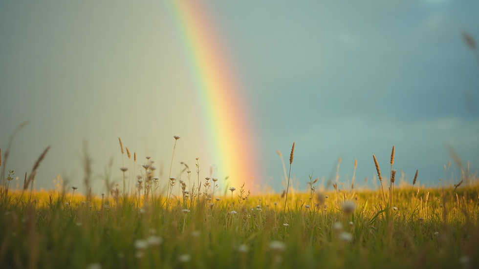 Close-up view of a colorful rainbow arching over a serene meadow