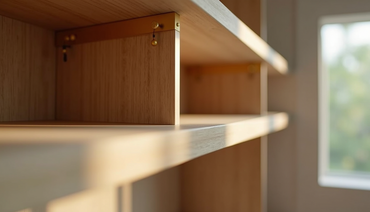 Eye-level view of brass brackets supporting a closet shelf